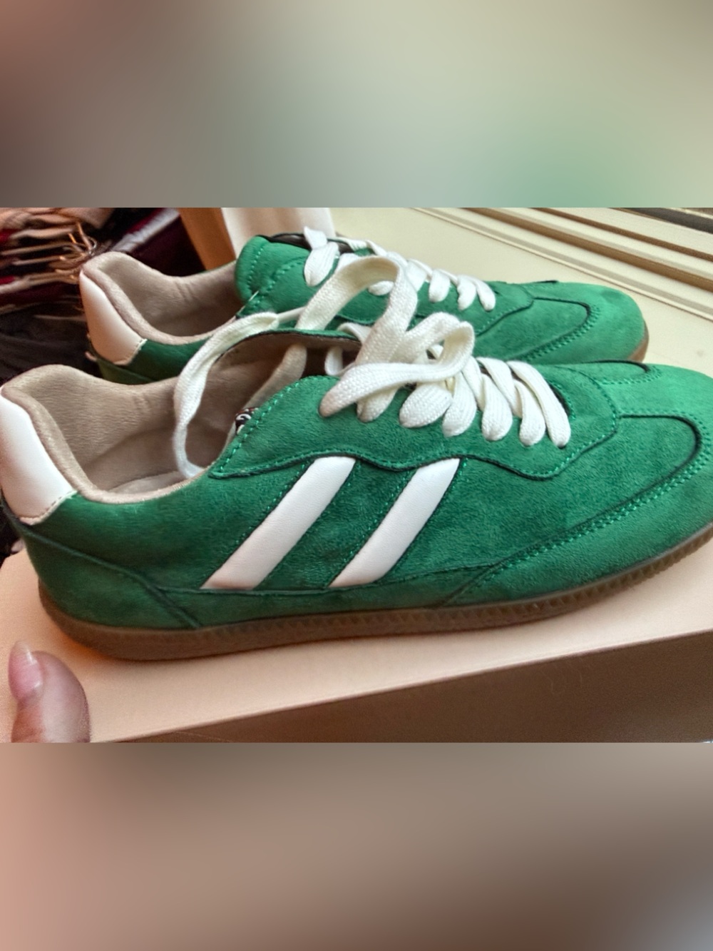 ShuShop Green Suede Womens  Sneakers with White Stripes